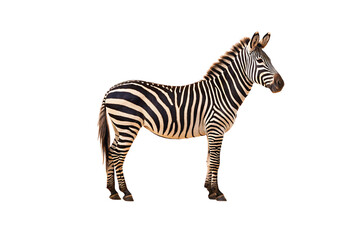 Obraz premium Zebra standing in side profile displaying classic black and white striped pattern across entire body, isolated on a transparent background
