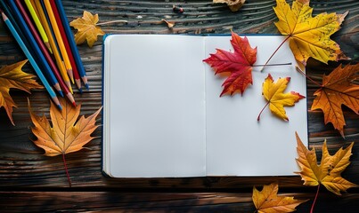 Autumn leaves and colored pencils in an open sketchbook on a wooden table, Generative AI.