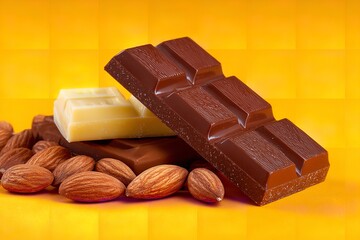 Big chocolate bars and almonds isolated on a vivid background, Generative AI.