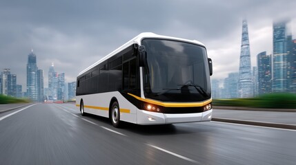 Fototapeta premium Innovative Electric Bus Transport System in Urban Environment Modern Cityscape Futuristic Technology Concept