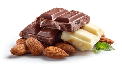 Big chocolate bars and almonds isolated on a vivid background, Generative AI.