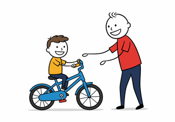 Father Teaching Son To Ride Bicycle Outdoor Fun Activity