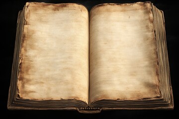 Open illustrated old book with empty stained pages lying on textured background. Vintage hand-drawn style for storytelling and fantasy. Design for print, poster, invitation, card, banner.