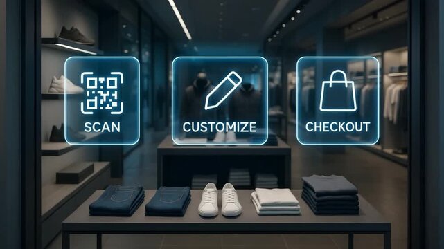 A fashion storefront overlays holographic options to scan, customize, and checkout above neatly folded clothes. Concept of immersive retail technology.