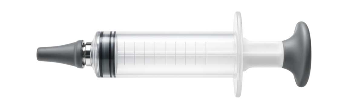 Syringe with a catheter tip, used for feeding or administering medication to patients with feeding tubes.