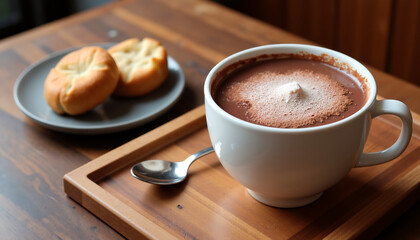 Hot chocolate in white cup with pastries on wooden tray  
