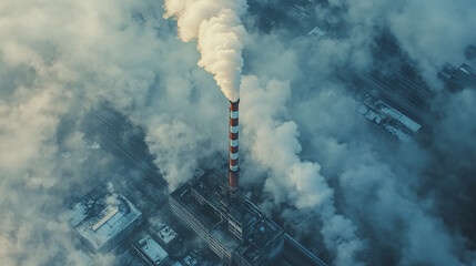 A factory smokestack merging with images of asthma inhalers and health monitors, showing the direct impact of pollution on health