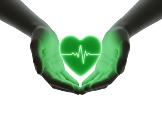 Glowing green heart in hands ECG line visible