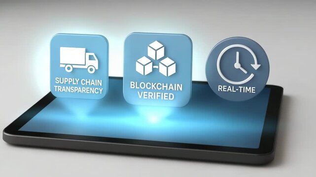 A tablet projects three floating badges for supply chain transparency, blockchain verification, and real‑time data. Concept of trustable logistics technology.