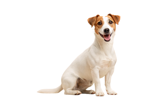Jack Russell Terrier with brown and white coat sitting happily with tongue out, isolated on a transparent background