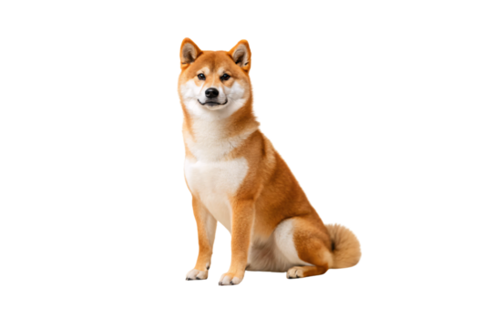 Shiba Inu with orange coat sitting upright displaying characteristic fox-like features and alert expression, isolated on a transparent background