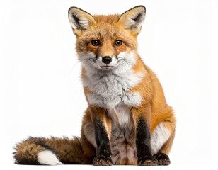 Fototapeta premium Red fox sitting, centered, white background