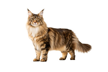 Obraz premium Large fluffy cat with tufted ears, long fur, brown tabby markings, bushy tail, majestic feline, isolated on a transparent background