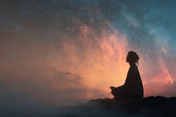 Fototapeta premium Meditating Woman Silhouette Under a Starry Night Sky with Milky Way View