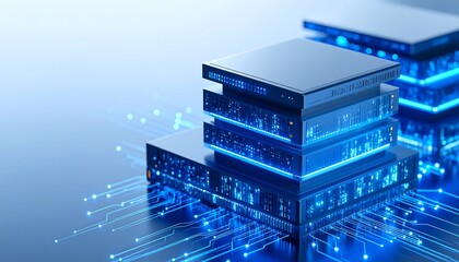 Stacked server racks with glowing circuitry