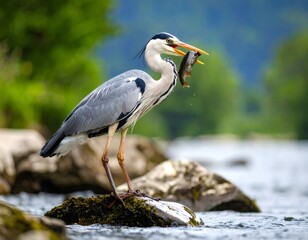 Fototapeta premium Grey heron eating fish standing on river stone