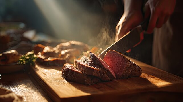 Cutting Juicy Roasted Beef Steak on Wooden Board
