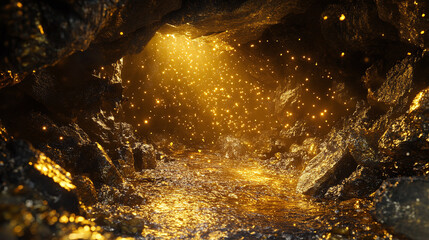 A sparkling gold mine with veins of precious gold shining in the rocks