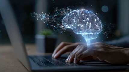 Digital Brain Hologram Above Hands Typing on Laptop