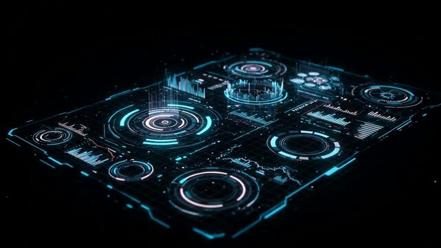Futuristic HUD interface with abstract digital technology and data analysis animated on black - Powered by Adobe
