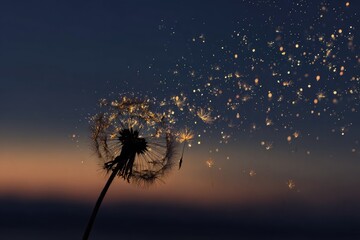 Dandelion seed head, golden light, twilight sky
