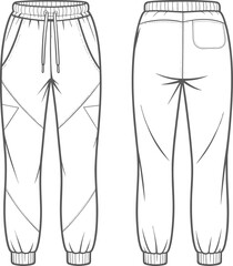 CAD drawing flat vector illustration of jogger pants, front and back view, fashion sketch, apparel template, garment technical design