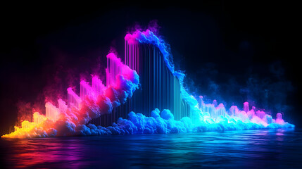 Abstract digital art of towering structures enveloped in swirling, vibrant, neon-colored smoke.  A futuristic, otherworldly landscape