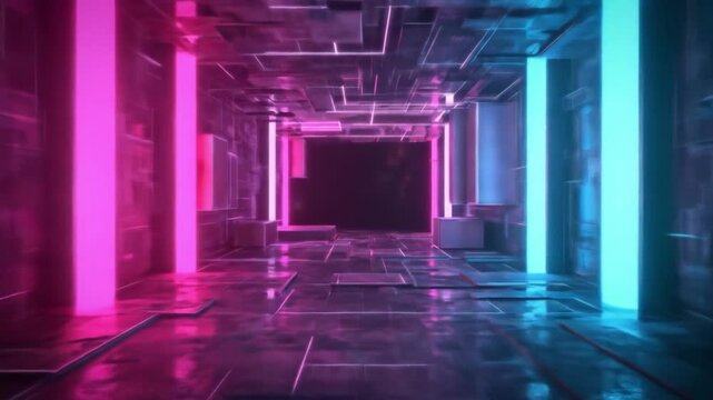 Abstract Futuristic Tunnel with Neon Lights and Geometric Design Moving Forward