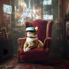 photo cat  wearing a tiny VR headset, sitting on a  velvet armchair,  a mix of vintage furniture and floating holographic screens displaying futuristic cityscapes, surreal time-warp effect