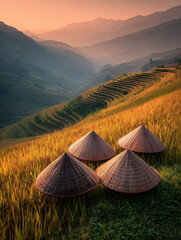 Four conical hats resting on golden rice terraces in vietnam at sunset