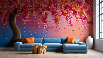 Pink Orange Blossom Tree Wall Mural Modern Sectional Sofa Living Room Decor pink flowers