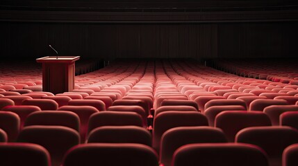 Empty auditorium with red seats and podium