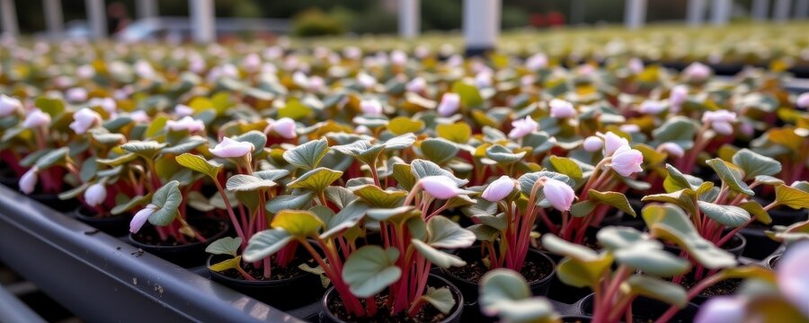 Vibrant Green Seedlings in Greenhouse Rows with Delicate Pink Flowers and Bright Red Stems Under Natural Light