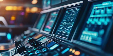 Fototapeta premium Futuristic control room with digital screens, blurry left area for text