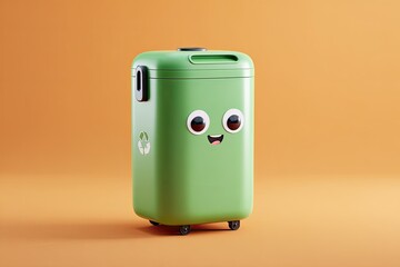 Green trash can with cartoon eyes and smile