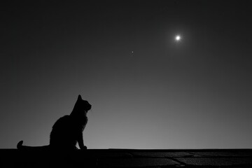 Black and white silhouette of a cat, moon, and stars