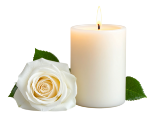 White Pillar Candle with Soft Flame and Single Rose Beside It, Front View, Transparent PNG