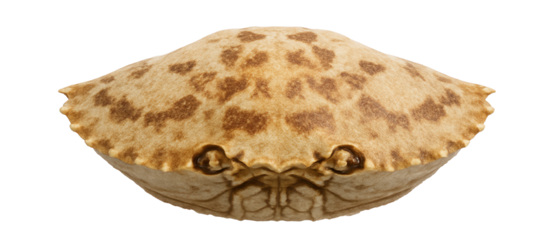 Crab carapace with hard, calcified surface and irregular brown markings