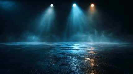 Dark street, wet asphalt, reflections of rays in the water. Abstract dark blue background, smoke, smog. Empty dark scene, neon light, spotlights. Concrete floor .