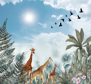 Giraffe is standing in a marshy area near tree and bird cloudy weather fly in the sky 