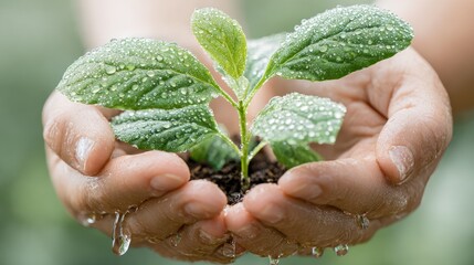 A young plant held gently in cupped hands