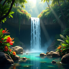 Lush Tropical Waterfall Cascading into a Serene Pool