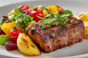 Juicy grilled beef served with roasted potatoes and fresh vegetable salad on a plain white surface