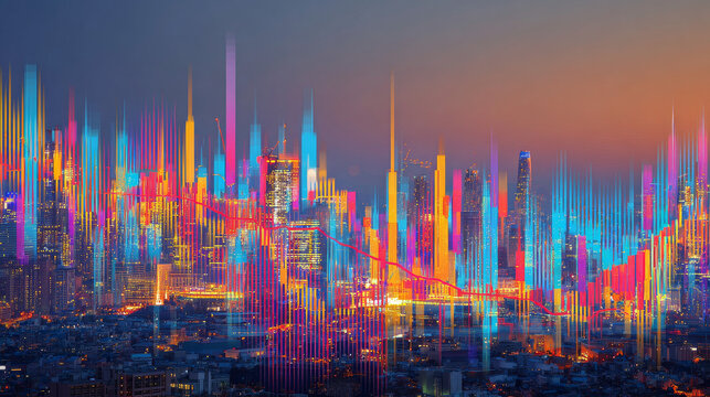 A colorful financial chart overlays a twilight cityscape, highlighting active market volatility and shifting economic trends