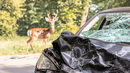 Deer encounter leads to car accident. Damaged vehicle with shattered windshield and a startled deer in the background near a wooded area.