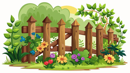 Fototapeta premium Rustic wooden fence with ivy climbing and garden flowers around. Countryside backyard decor