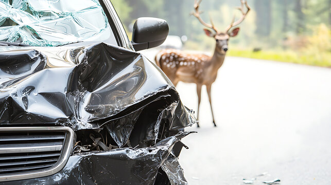 Vehicle sustains front-end damage after collision with a deer on a rural road. Windshield is shattered. Focus on accident impact and wildlife safety.