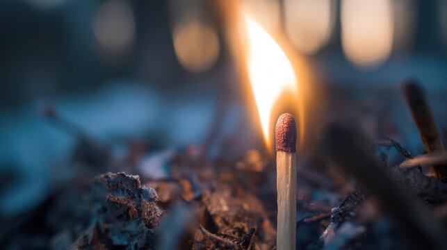 A single burning matchstick in the dark.