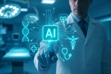 futuristic doctor using ai technology for medical healthcare solutions, virtual diagnosis in surgery room, digital healthcare interface