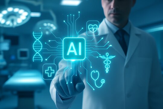 futuristic doctor using ai technology for medical healthcare solutions, virtual diagnosis in surgery room, digital healthcare interface